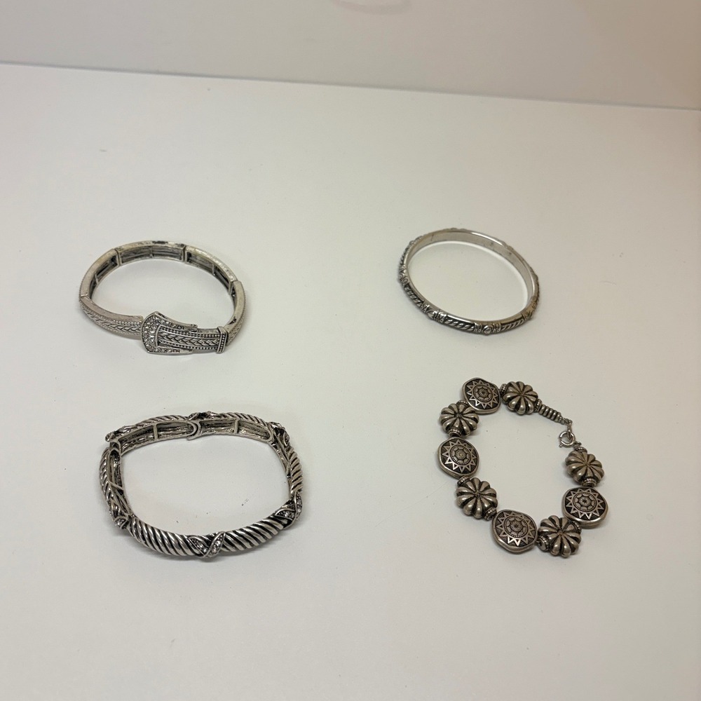 Mixed Silver Tone Western Boho Bracelet Set Buckle Cable Concho Bangle 4pc